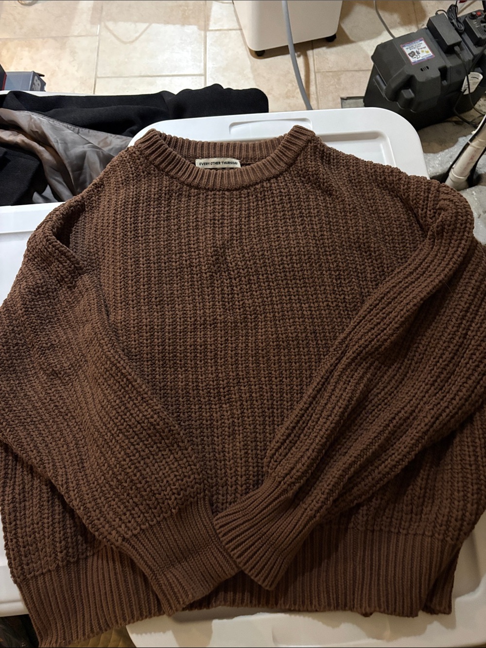Every Other Thursday Brown Waffle-Knit Crewneck Sweater